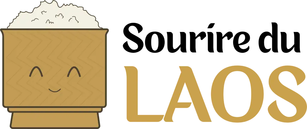 Panier de riz gluant qui sourit avec le nom de l'entreprise Sourire du Laos et en dessous le slogan de l'entreprise Voyages authentiques à impacts positifs